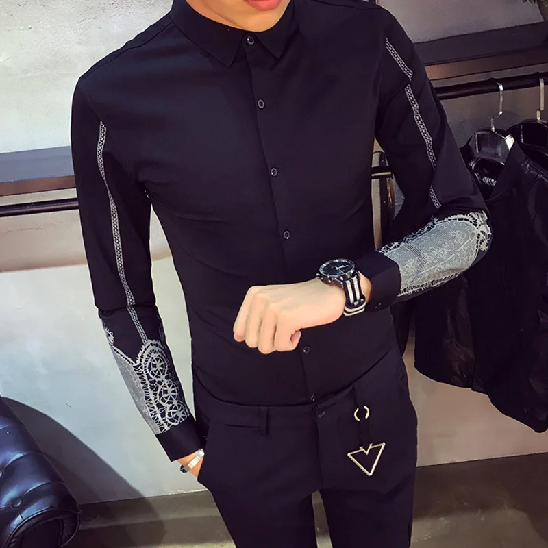 Мужские рубашки с длинным рукавом Дизайнерские повседневные принтом белые