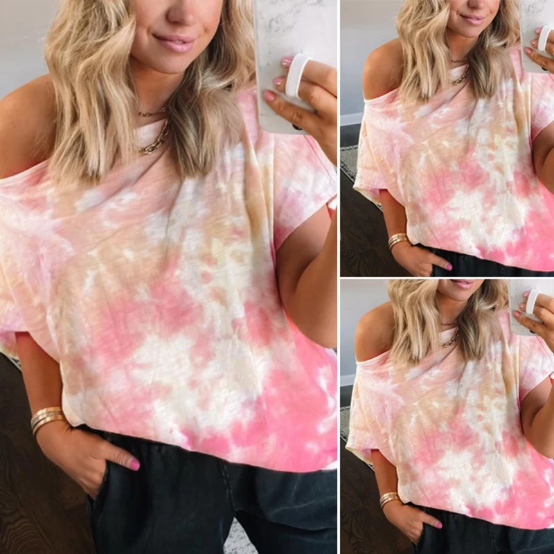

Women's Summer Gradient Tie-Dye Casual Short-Sleeved Printed T-Shirt Top Red