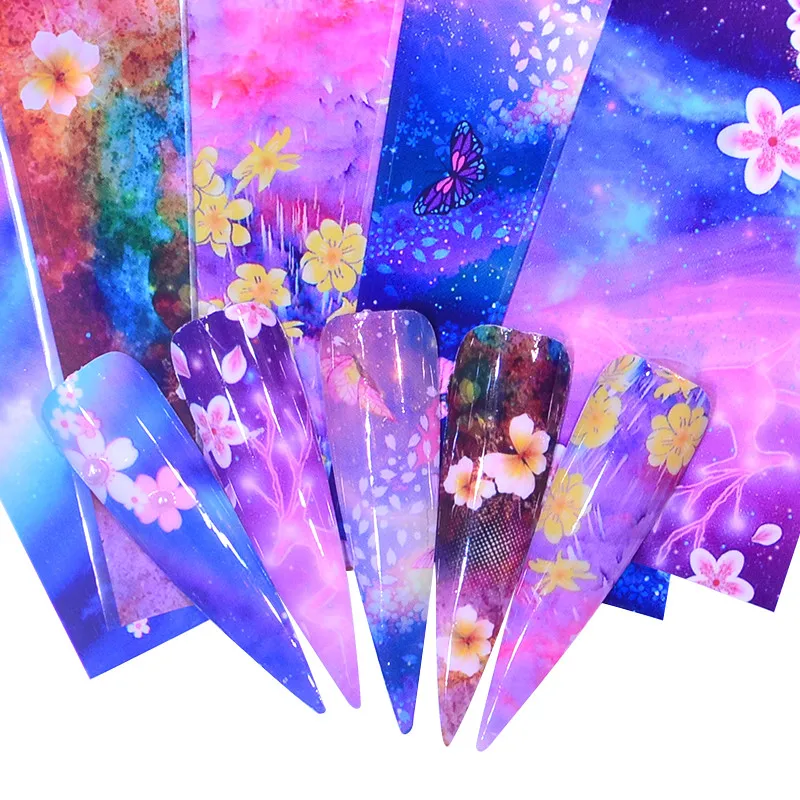 Фольга для ногтей FWC голографическая наклейка звездное небо/цветок клейкая