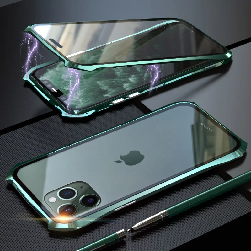 For iPhone 11 Pro Max Case Bat Style Slim Metal Frame Anti-explosion Tempered Glass Full Body With Magnetic Adsorption | Мобильные