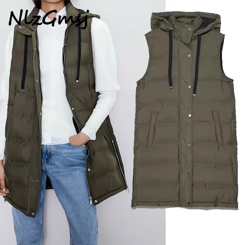 

Nlzgmsj Za Parka Women Winter Vest Side Zipper Coats 2021 Hooded Down Cotton Jacket Parkas Female Warm Thick Big Pocket Outwear