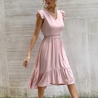 2021 new fashion vintage casual dress for women ruffles sleeve v neck lace patchwok elstic waist midi dress