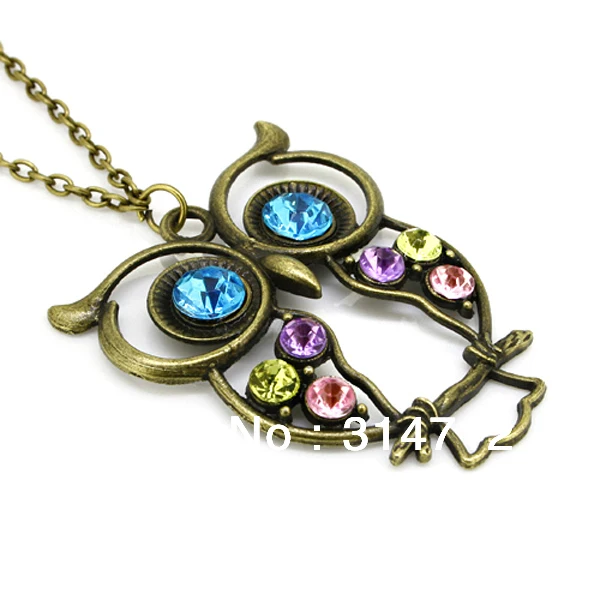 

10Pcs Wholesale Vintage Necklace , Retro Colorful Crystal Owl Pendant Long Chain Necklace with Antiqued Bronze/Brass Finish
