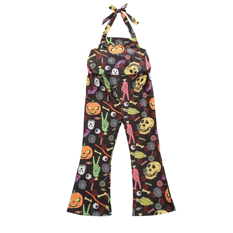 

Infant Baby Halloween Halter Overalls Tie-up Cartoon Pumpkin Print Jumpsuit Rompers Suspender Pants (Black, Orange)