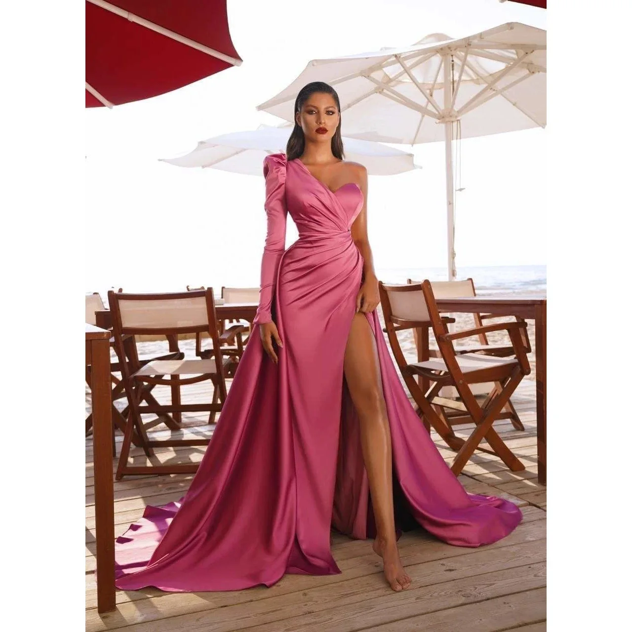 

Женское атласное платье с одним открытым плечом, розовое длинное бальное платье с разрезом сбоку, а-силуэт, со шлейфом, весна-лето 2022
