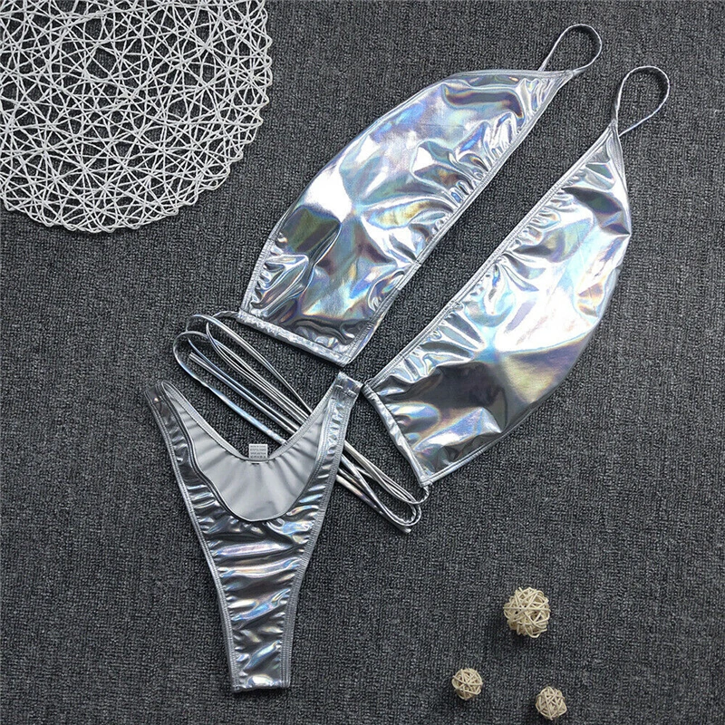 Женский блестящий комплект бикини с бретелькой через шею Сексуальный Бандаж