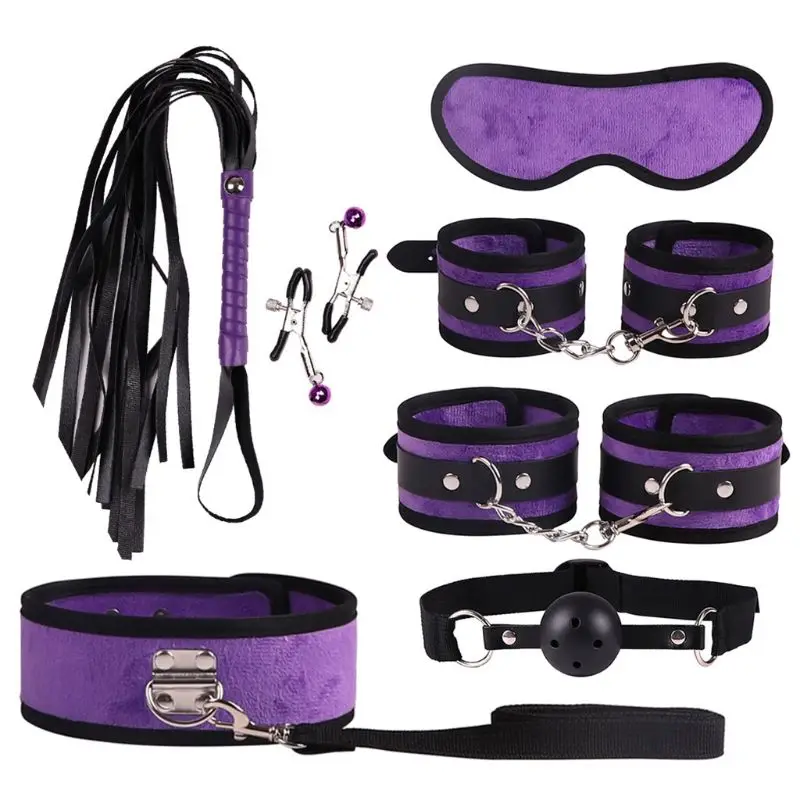 X3UE 7 шт. БДСМ бондаж набор плюшевые наручники лодыжки манжеты кнут воротник повязка на глаза полый шар кляп зажимы для сосков взрослые секс-и...