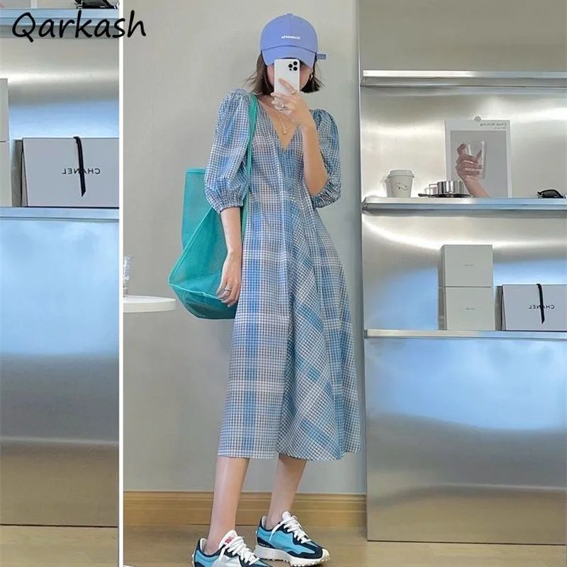 

Dress Women Elegant Plaids Lantern Sleeve Girls Sweet Mid-calf V-neck Maiden Sundress Popular Mujer Clothing Summer Korean Folds