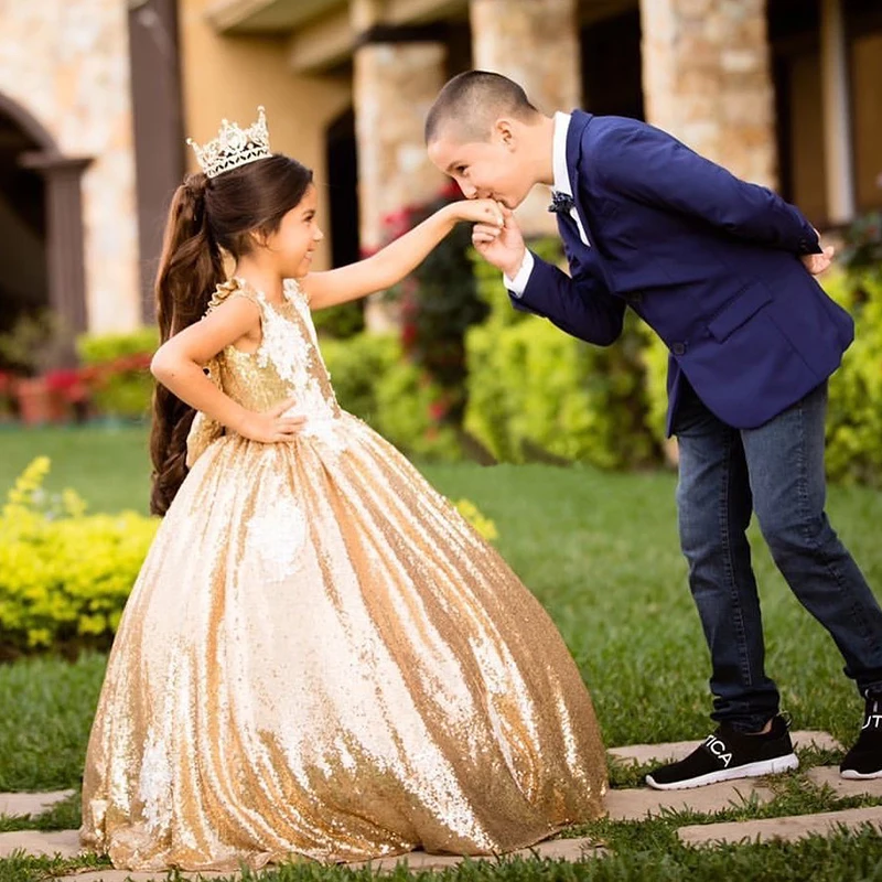 

Gold Long Kids Pageant Ball Gown Comunion Vestidos Novia Nina Little Girls Birthday Dresses Lace Sequined Flower Girls Dresses
