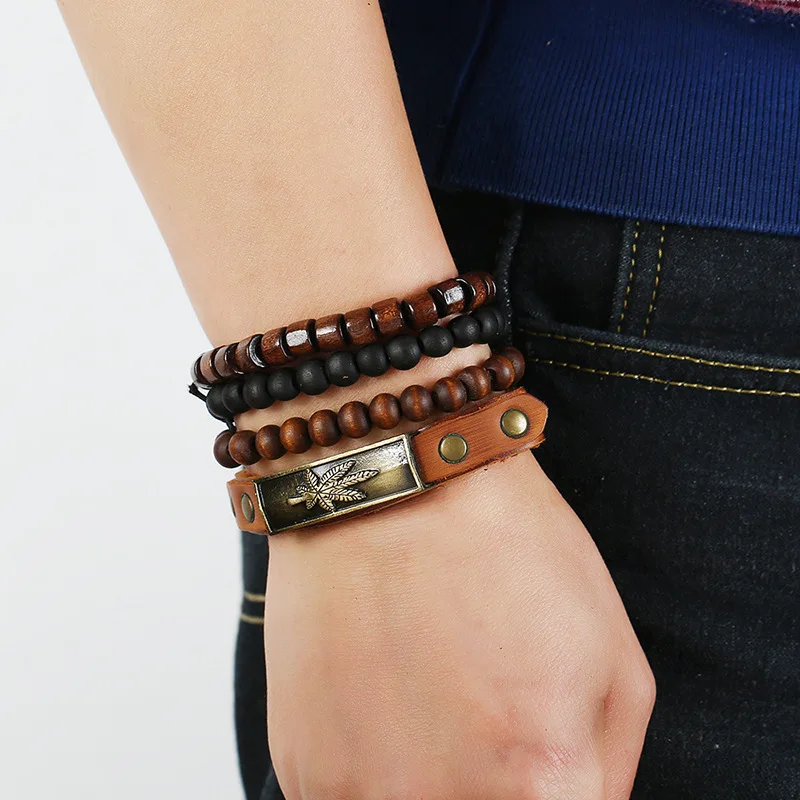Браслет кожаный с деревянными бусинами 4 шт./компл. ретро-браслеты и браслеты
