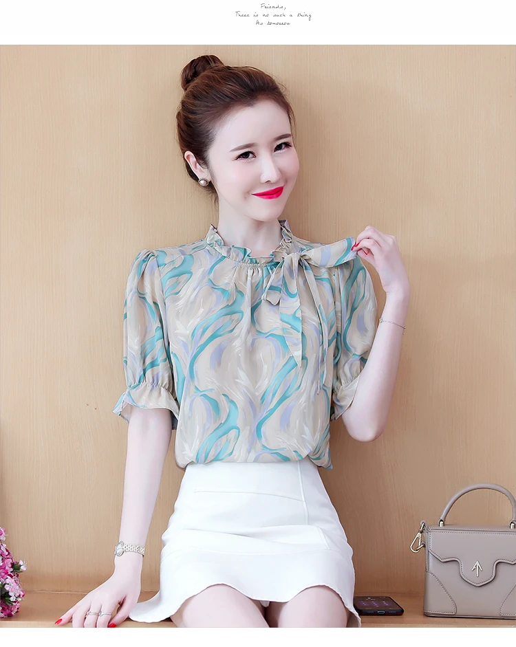 

Chiffon shirt ladies 2021 summer new fashion all-match blouse short-sleeved slim slimming lace-up shirt women