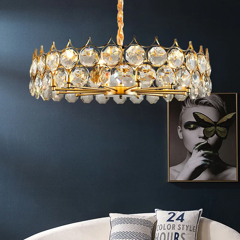 

Luxury Round Black Gold Round Metal Led Pendant Lights Lustre Crystal Chain Hanging Lamp Foyer Bedroom E14 Led Lighting Fixtures