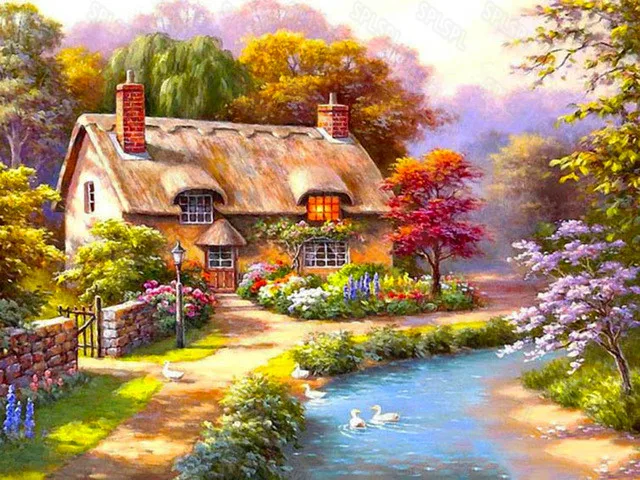 

Diy Diamond Painting Cartoon Anime Fantasy Cartoon Style Beautiful House and Cute Animals Pig Puppy Chick Hanging Painting
