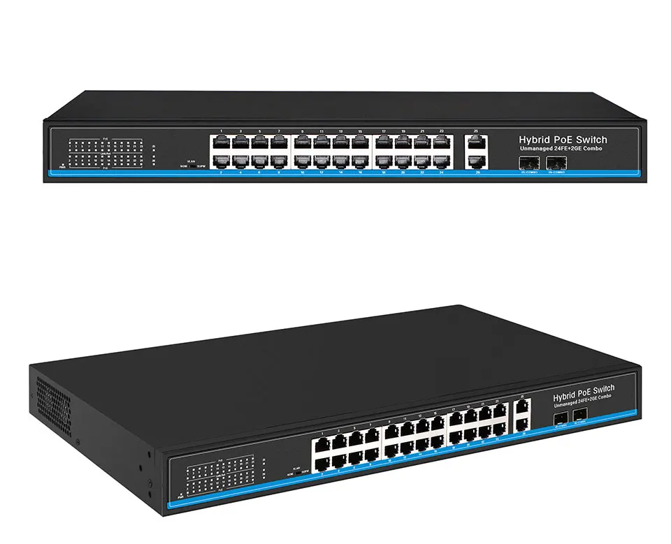24 Порты и разъёмы 10/100 Мбит/с PoE Коммутатор Ethernet sup Порты и разъёмы IEEE802.3af/at с 2 Порты и разъёмы 1000 м для программирования в производственных условиях комбинированный коммутатор питания через Ethernet poe 48V RJ45