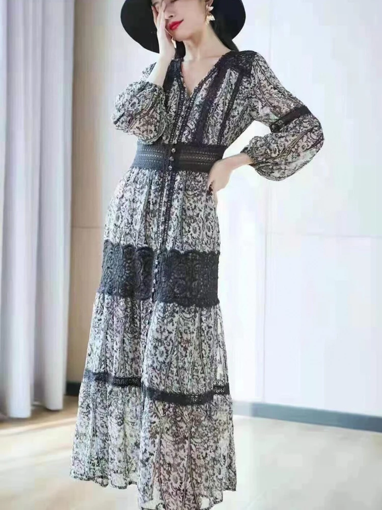 

Женское вечернее платье с кружевной юбкой, Элегантное длинное серое платье с цветочным принтом и рукавами-фонариками, лето 2021