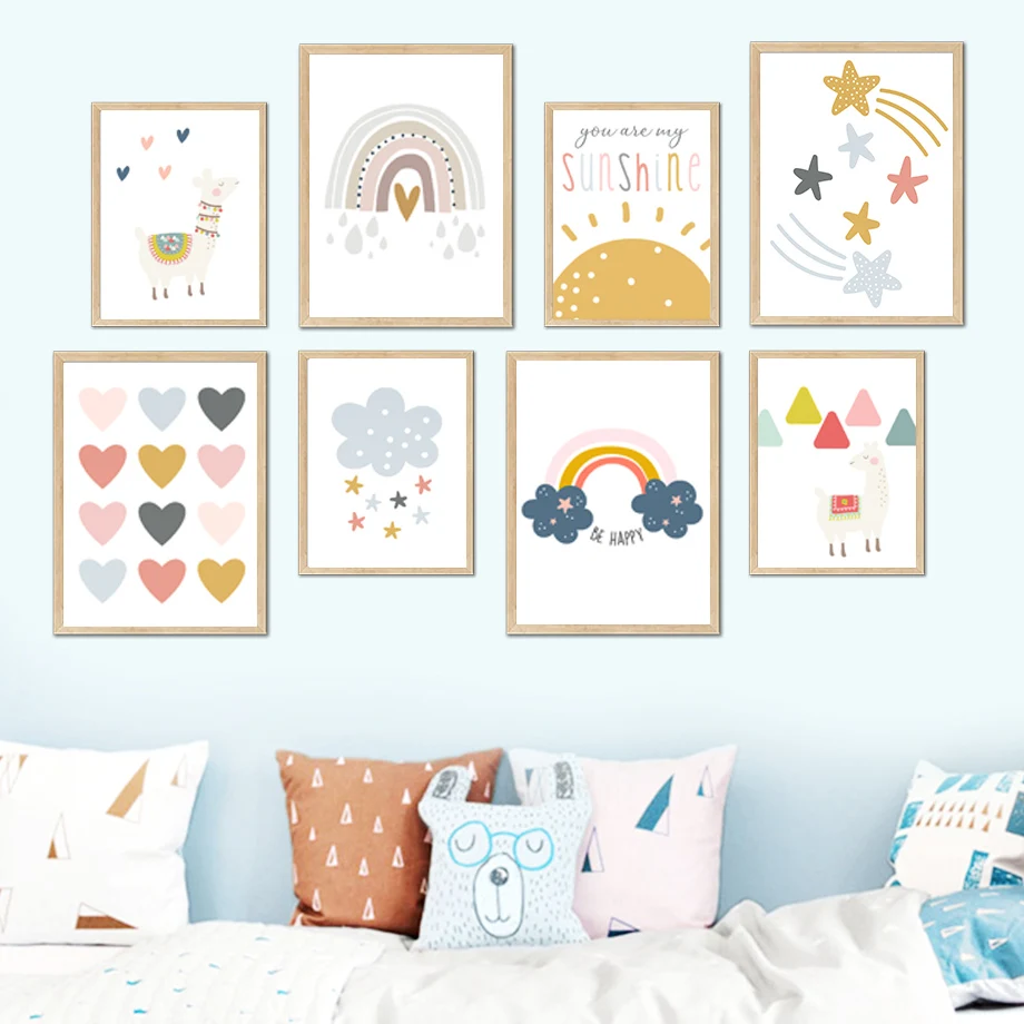 Мультфильм Радуга облако Альпака Звезда Сердце детская стена искусство холст