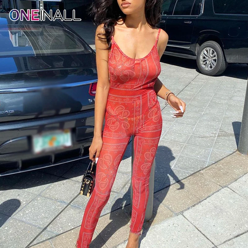 

ONEINALL Red Print Sexy Jumpsuit For Women O Neck Sleeveless High Waist Hit Color Slim Jumpsuits Female Summer Clothing 2021 New