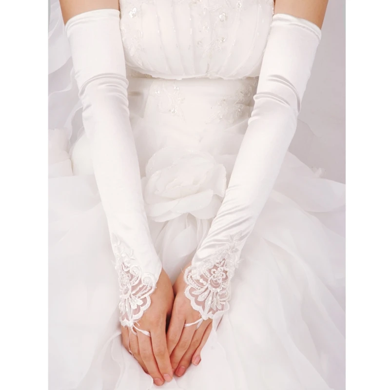 

Womens Bridal Long Gloves Fingerless Embroidery Lace Trim Beaded Sequins Wedding