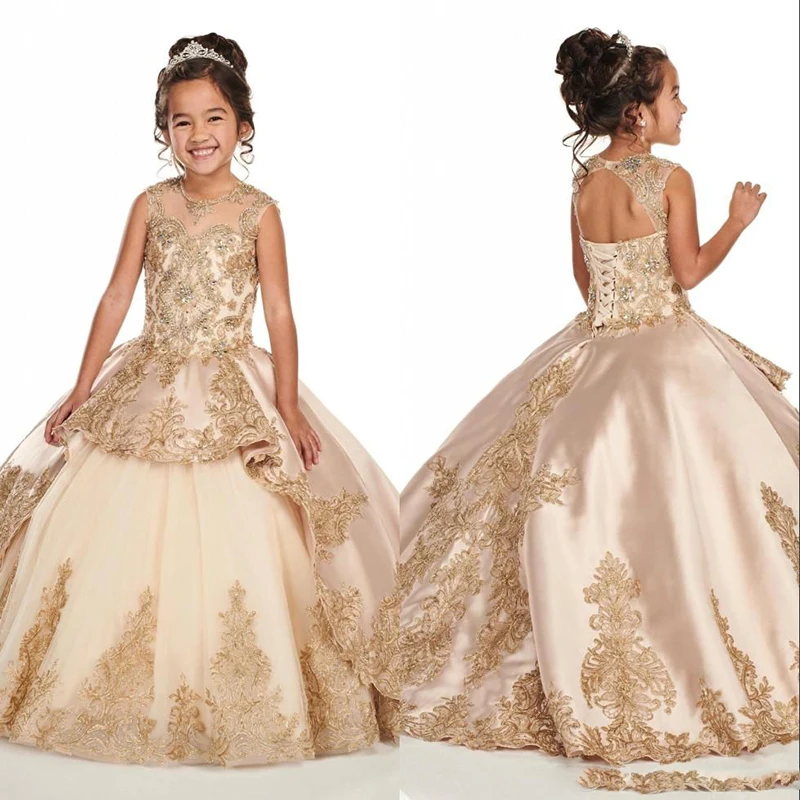 

Gold Applique Lace Champagne Girls Pageant Dresses 2020 Cap Sleeve Jewel Beaded Crystal First Communion Flower Girls Dress BC250