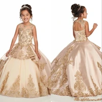 gold applique lace champagne girls pageant dresses 2020 cap sleeve jewel beaded crystal first communion flower girls dress bc250