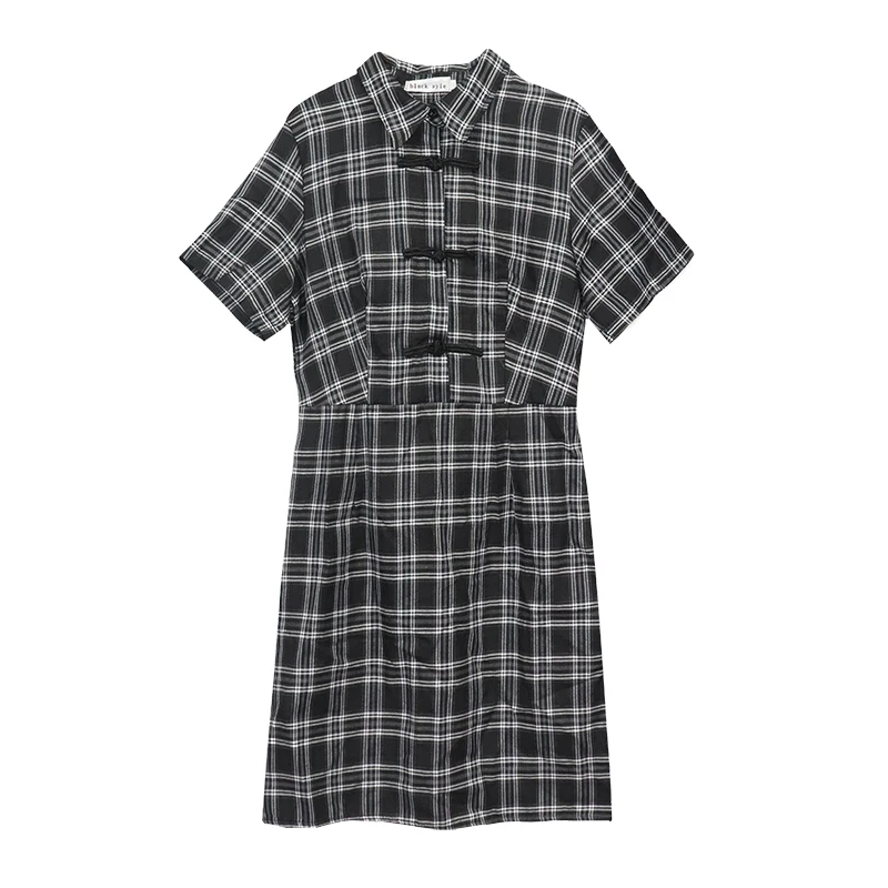 

Dark Vintage Women's Cheongsam Style Dress Women's Summer POLO Collar Waist Slim Black and White Plaid Short Sleeve Vestidos