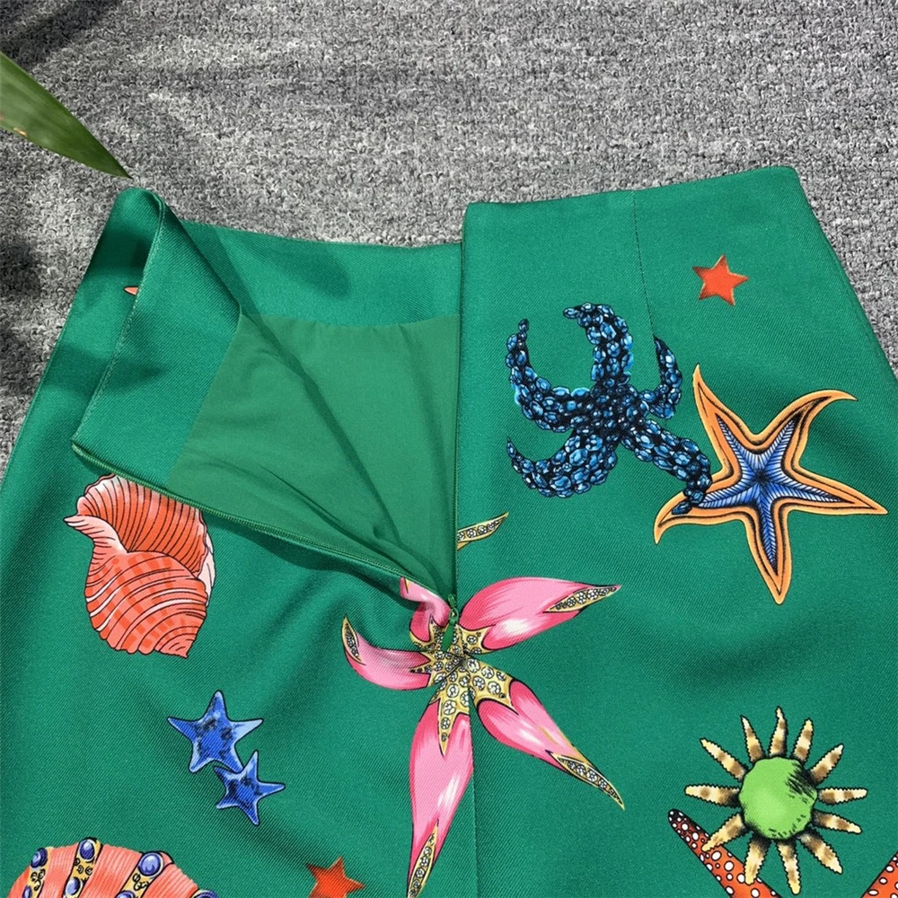 

European Spring Summer Runway Fashion Skirt Women's High End Green Shell Print Pocket Beaded Pencil Skirt