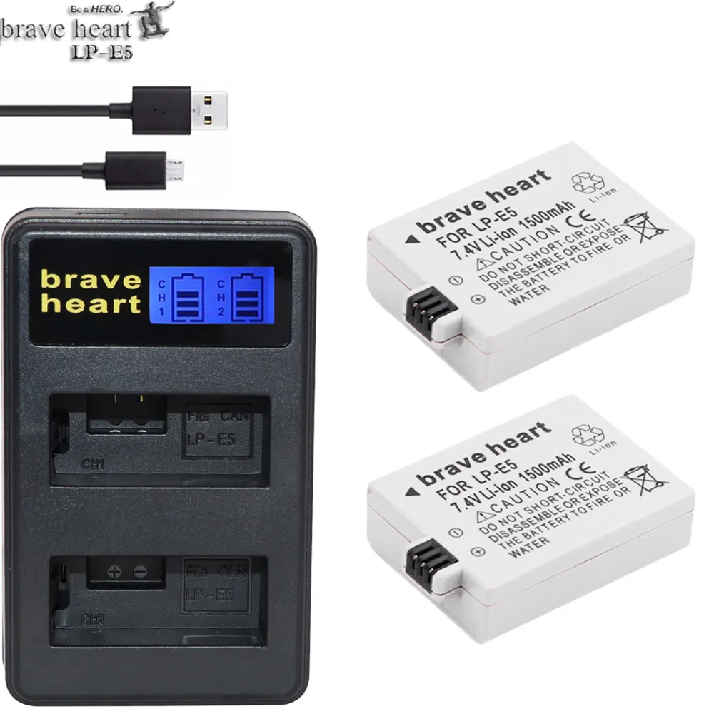Brave heart 2x батарея LPE5 LP-E5 LP E5 батарея+ двойное зарядное устройство для Canon 450D 500D 1000D Kiss X2 X3 F Rebel XSi Xli XS - Цвет: charger and 2battery