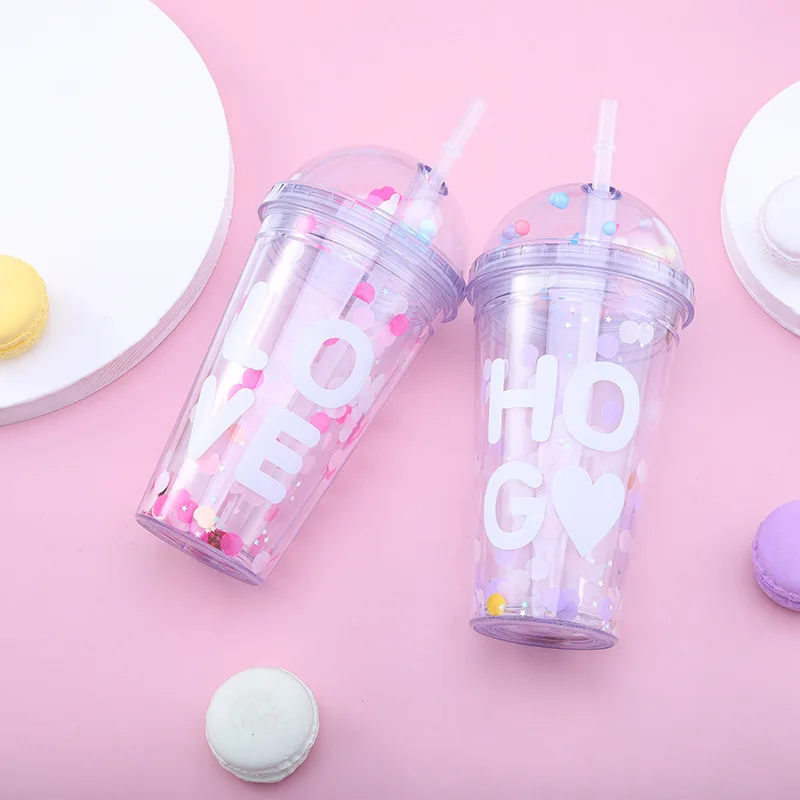 

Love Pattern Origin Wave Plate Double-layer Plastic Straw Cup Creative Pink Cute Girl Unicorn Doll Coffee Tumbler