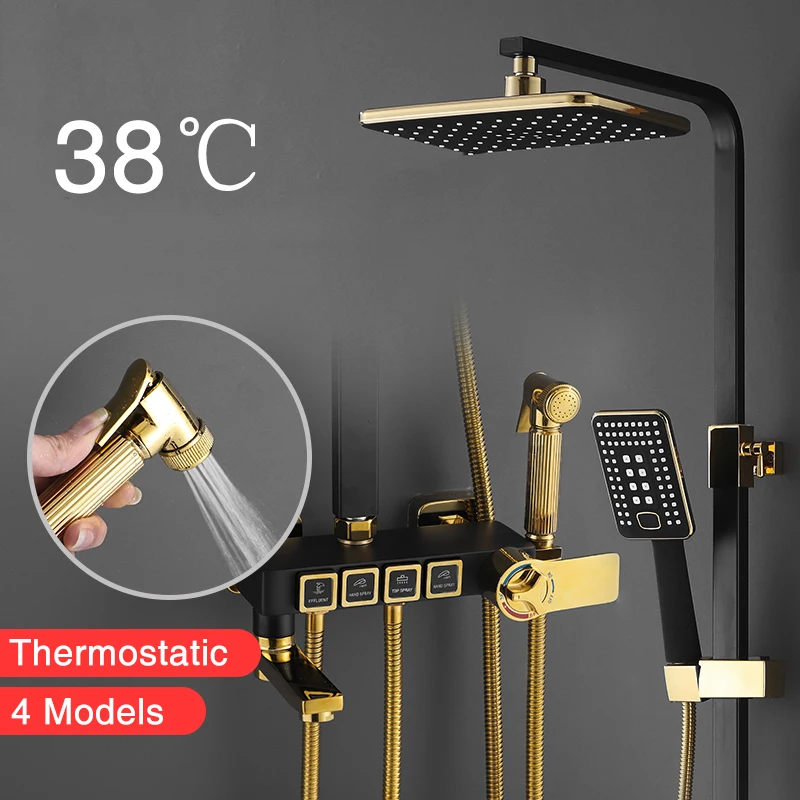 

Термостатическая Душевая система для ванной комнаты, роскошный черно-золотой набор для душа, смеситель для горячей и холодной воды, смесите...