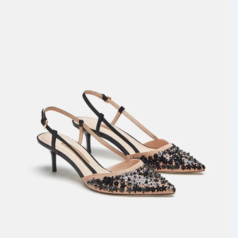 

2020 New European and American Fashion Women's Sandals Sequined Stiletto Buckle Pointed High Heel Women's Shoes