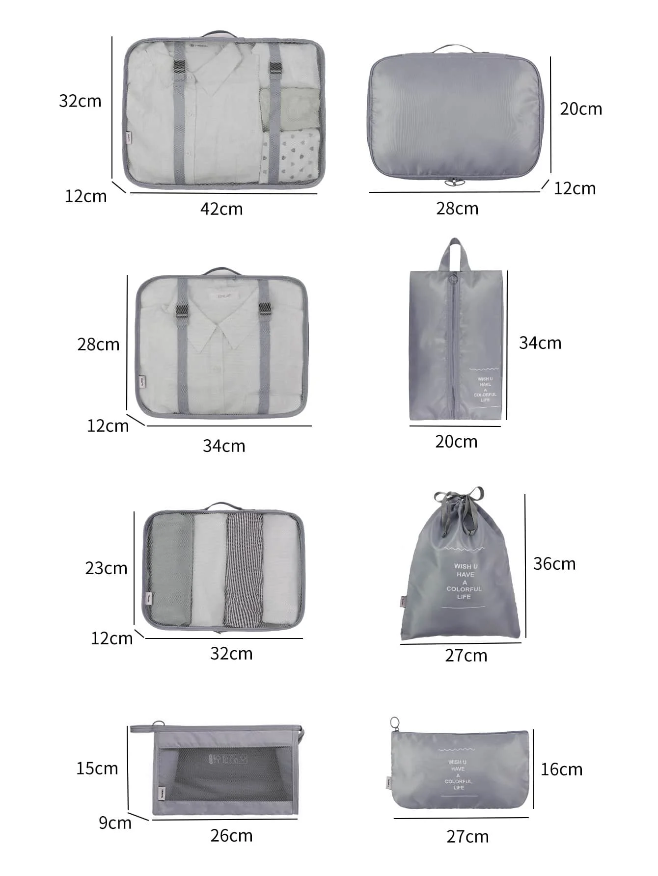 

8pcs Travel Storage Bag Set one-size Grey Slogan Storage Bags Polyester 100% PolyesterTravel Packing Cubes