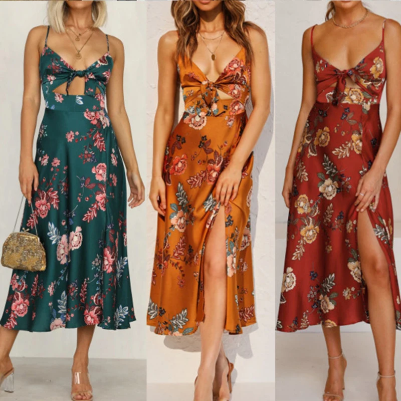 

New 2021 V-Neck Sling Printed Bow Beach Backless Skirt Suit Office Clothes Work Outfit Vittoria Vicci Womens Summer Dress