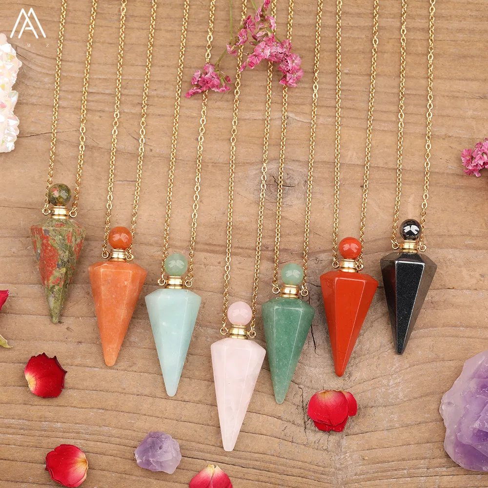 

Natural Roses Quartz Crystal Stones Pendulum Essential Oil Perfume Bottle Pendant Healing Reiki Pendulum Chain Necklace Jewelry