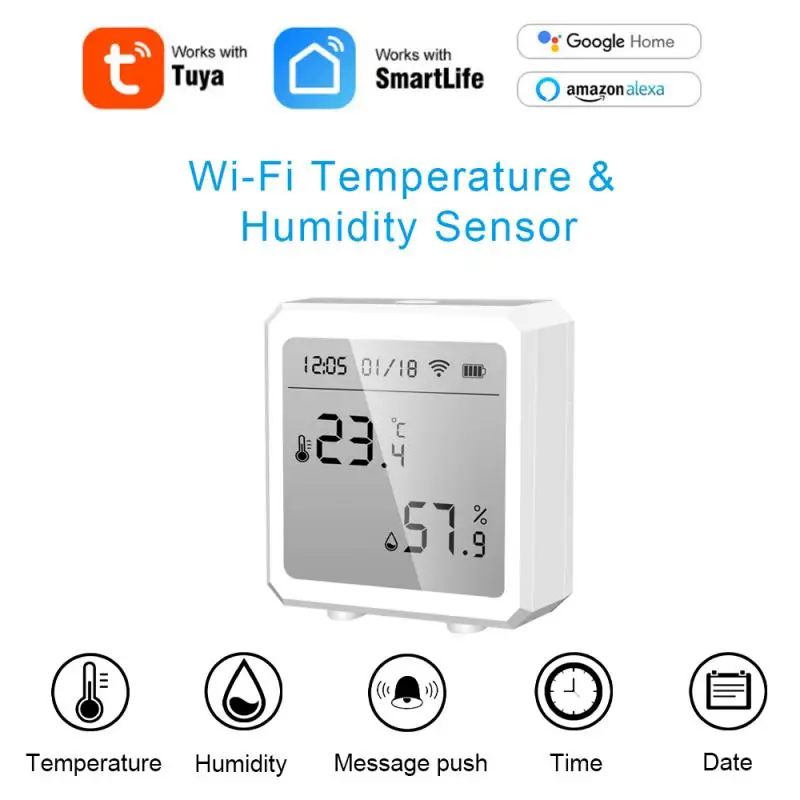 

Умный датчик температуры и влажности, Wi-Fi + Bluetooth, функция сигнализации, работа с приложением Smart Life/Tuya, поддержка Alexa, Google Home