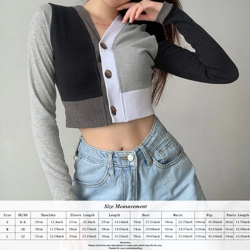 

Spring Patchwork Women V-neck Buckle Buttons High Waist Short Fashion Slim Full Sleeve Cardigan Tops Ladies Knitted Sweater