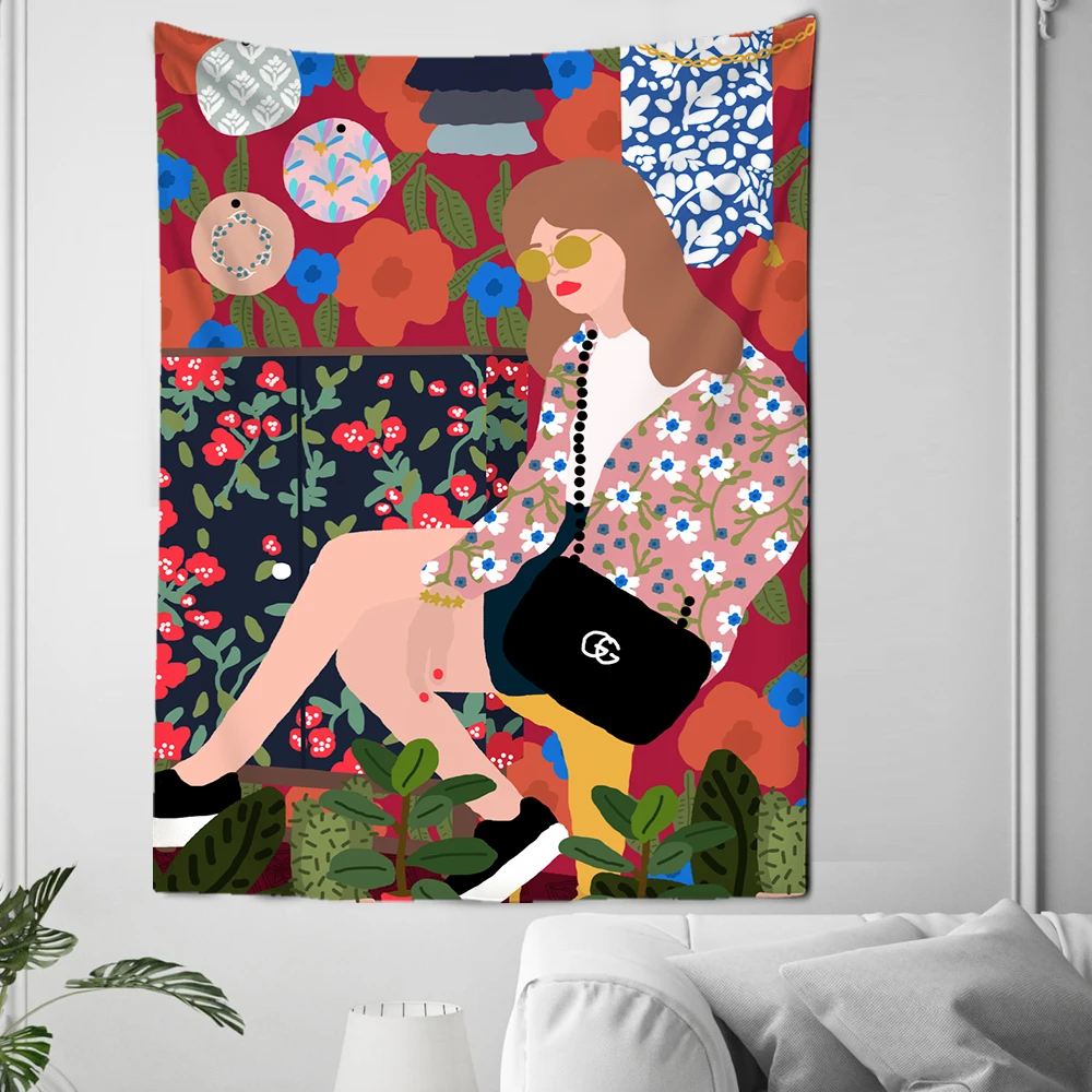 

Colorful Flower Minimalist Girl Abstract Vintage Minimalist Tapestry For Home Design Wall Hanging