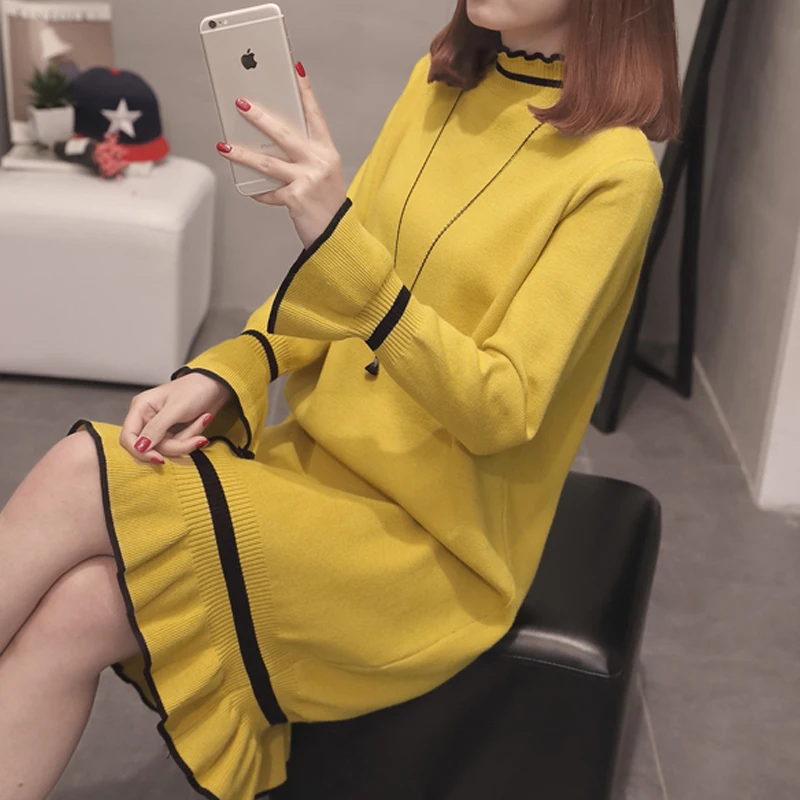 Женский свитер средней длины новинка 2019 Осеннее и зимнее вязаное платье выше