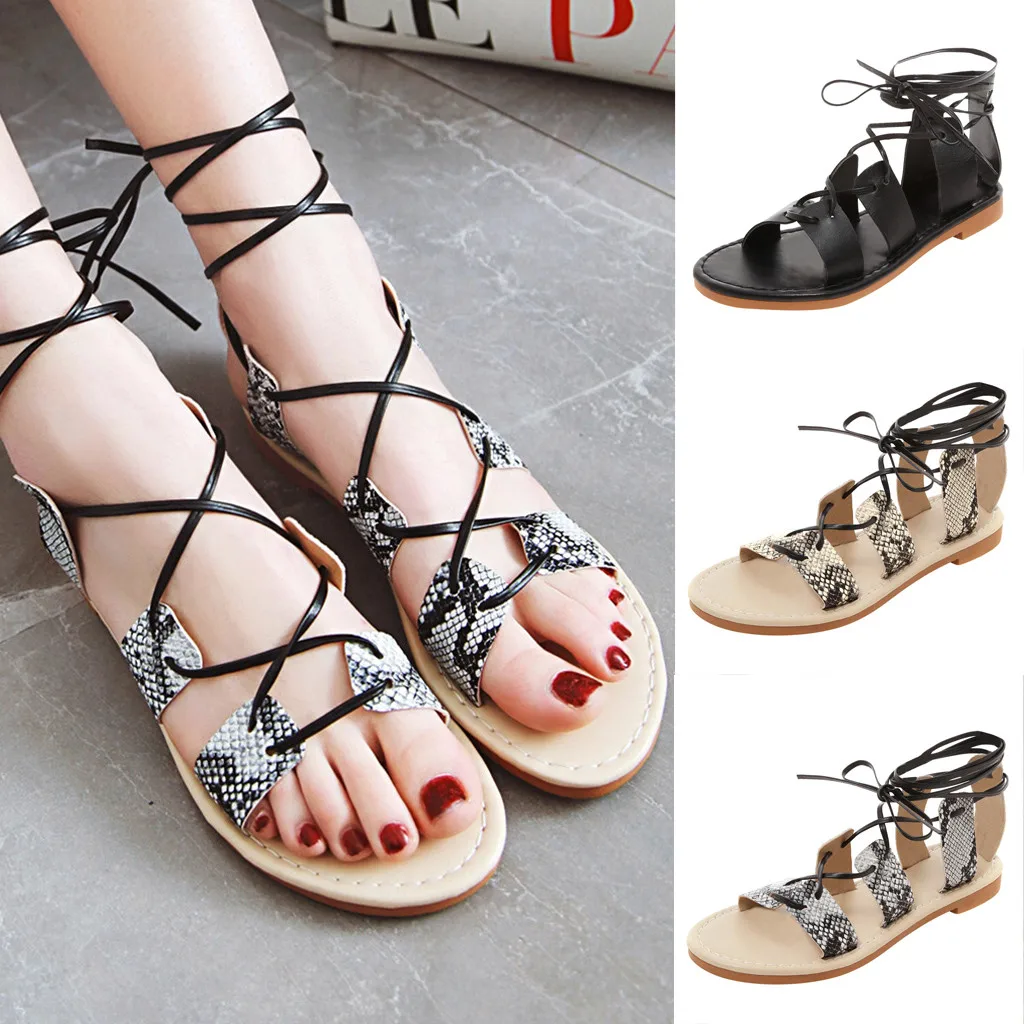 

Women's Ankle Wraps Sandals Snakes Flat European and American Lace Large Size Women's Solid Color Sandals Summer