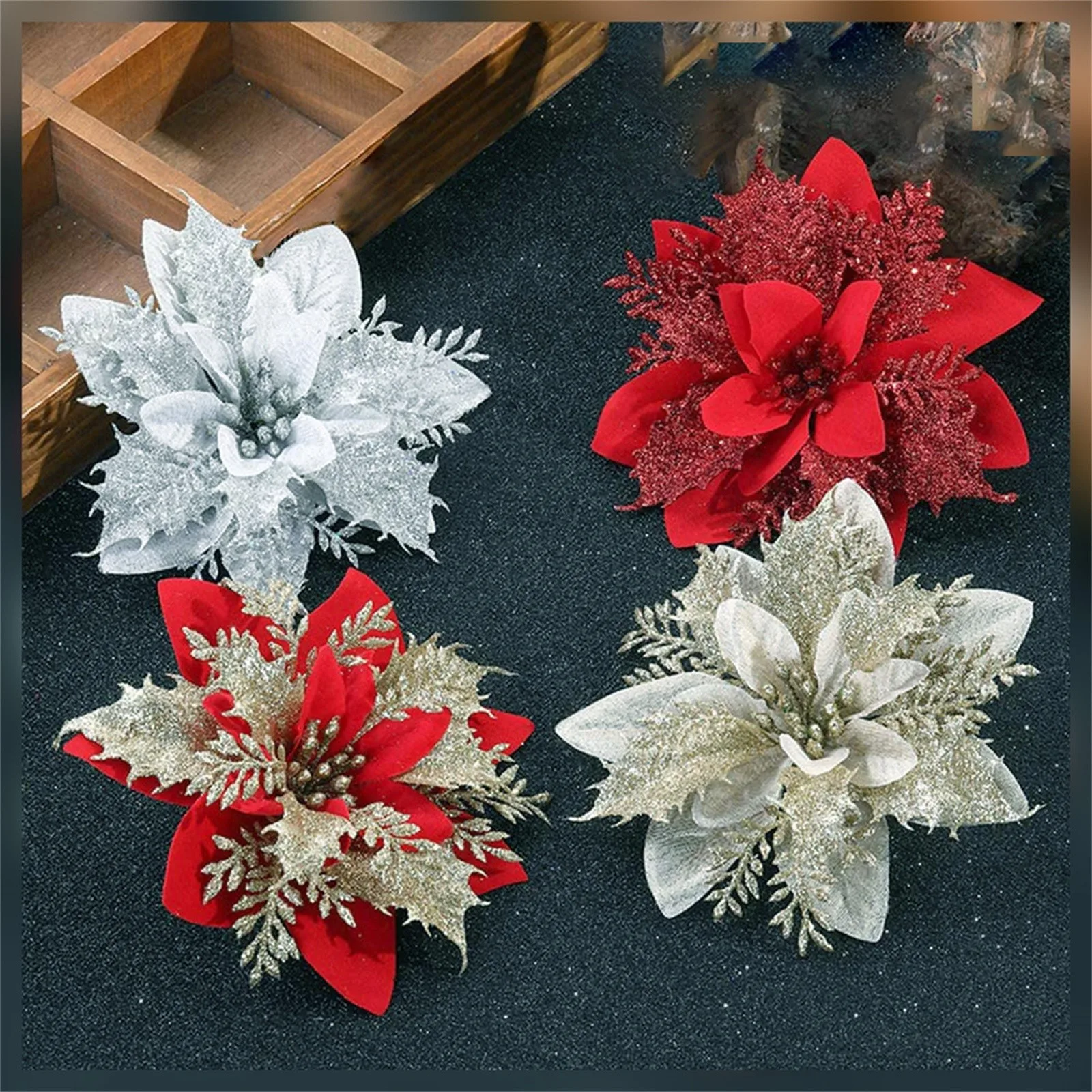 

Glitter Artificial Flowers Merry Christmas Ornaments Christmas Tree Decorations for Home New Year Wedding Party Decor