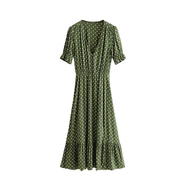 army green Vadim женское платье миди в горошек с v-образным вырезом, эластичные приталенные, с коротким рукавом, женские повседневные платья до середины икры, шикарные платья трапециевидной формы, QC598 - Цвет: army green