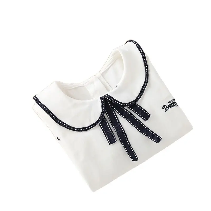

Белая футболка для девочек, новинка весны и осени, детская одежда, детская рубашка с длинными рукавами в стиле колледжа с лацканами, P5466