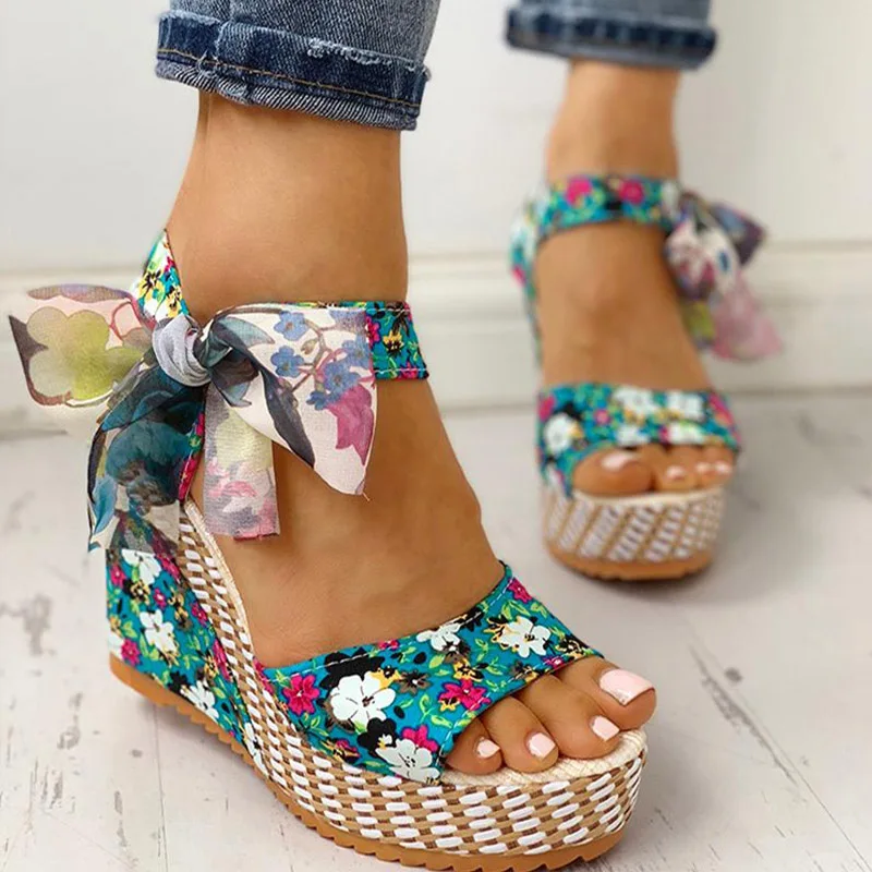 

Women Sandals Dot Bowknot Design Platform Wedge Female Casual High Increase Shoes Ladies Fashion Ankle Strap Open Toe Sandals