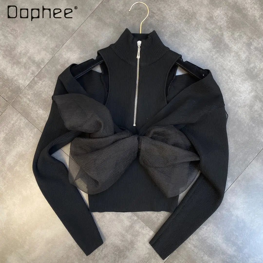 

2021 Autumn Clothes New Sexy Strapless Long Sleeve Zipper Spun Yarn Butterfly Sweater Fashion Black Slimming Knitted Top
