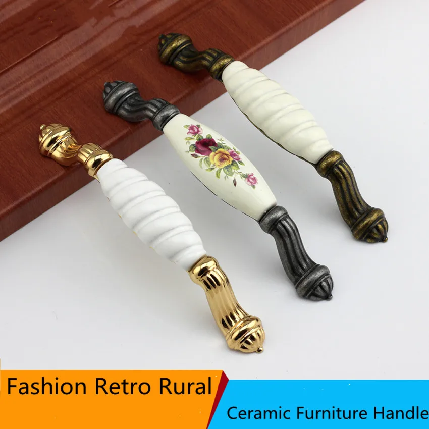 

128mm Retro Fashion Rural white Ceramic kitchen cabinet wardrobe handle gold antique iron bronze cupboard dresser drawer knob 5"