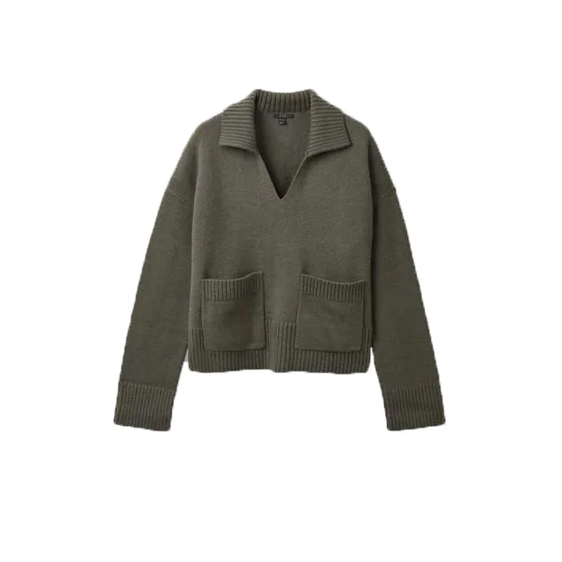 

2021 Women Sweater Autumn and Winter New V-neck Dark Green Pockets Side Slits Long-sleeved Knitted Women