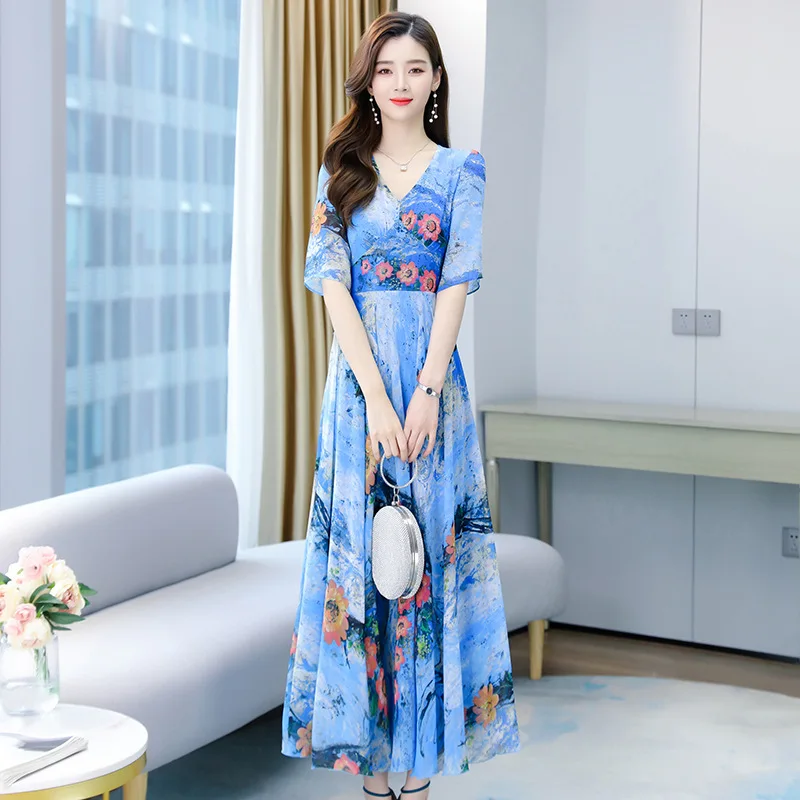 

Printed chiffon dress women's summer 2021 new long dress fashion temperament waist show thin big beach dress long