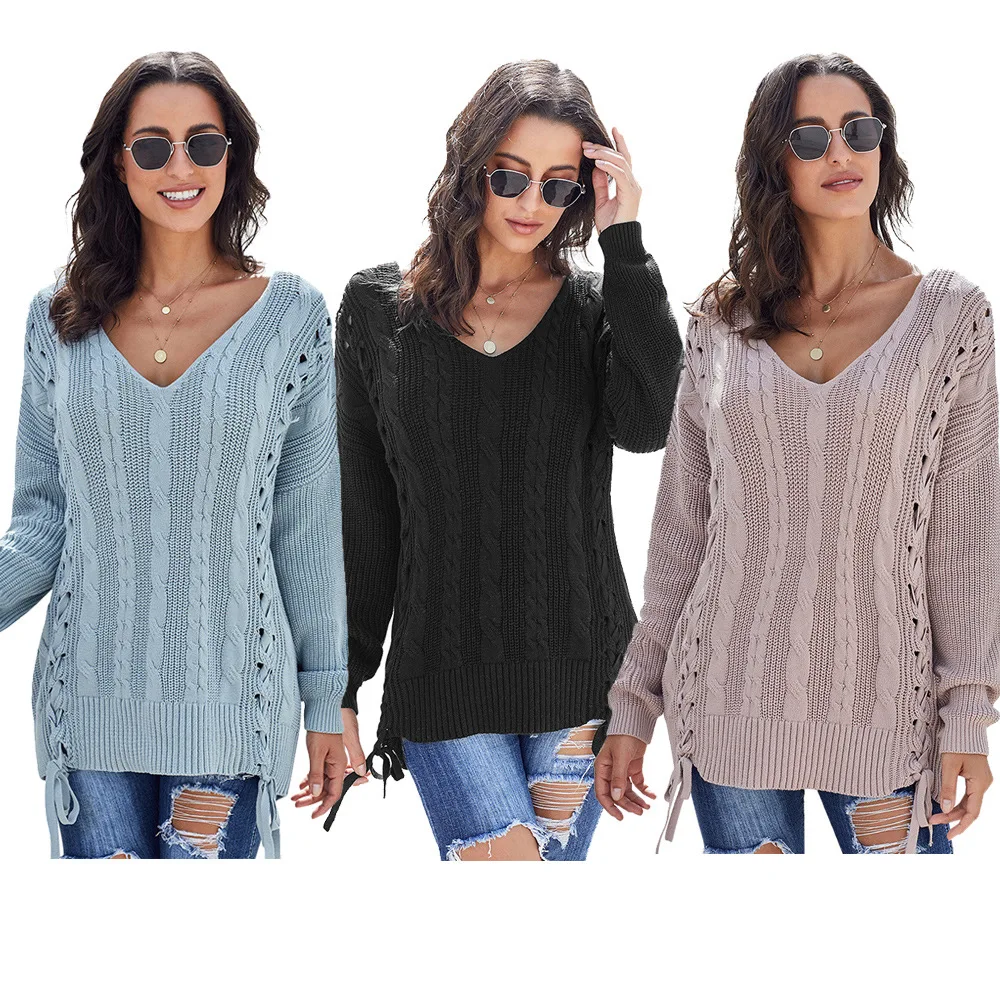 Woven Lace Cotton Sweater Women Winter New Style European and American Solid Color V-neck Long-sleeved Pullover Sweater