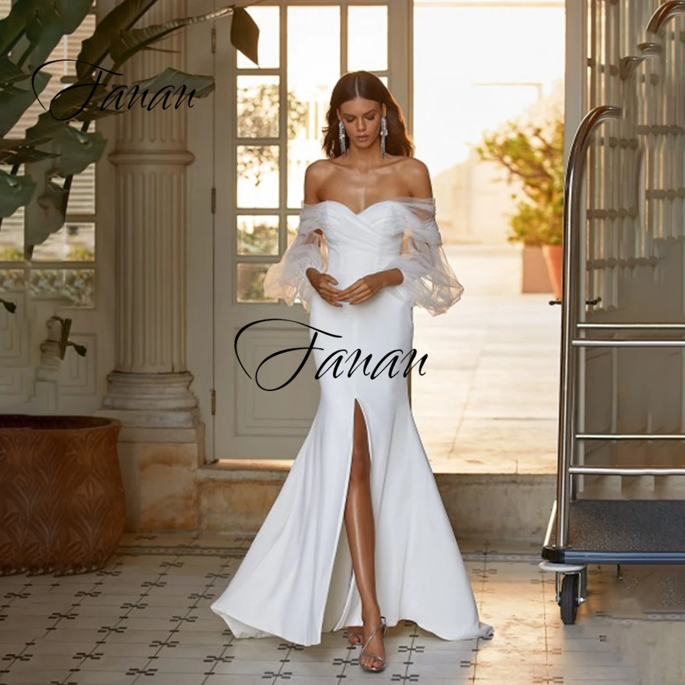 

Женское свадебное платье с открытыми плечами, длинным рукавом и разрезом спереди