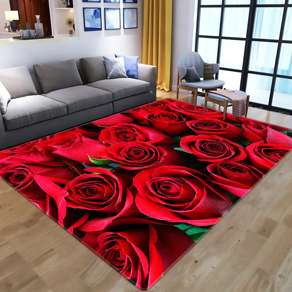 

Household 3D rose flower living room bedroom restaurant carpet bay window anti-skid mat red door