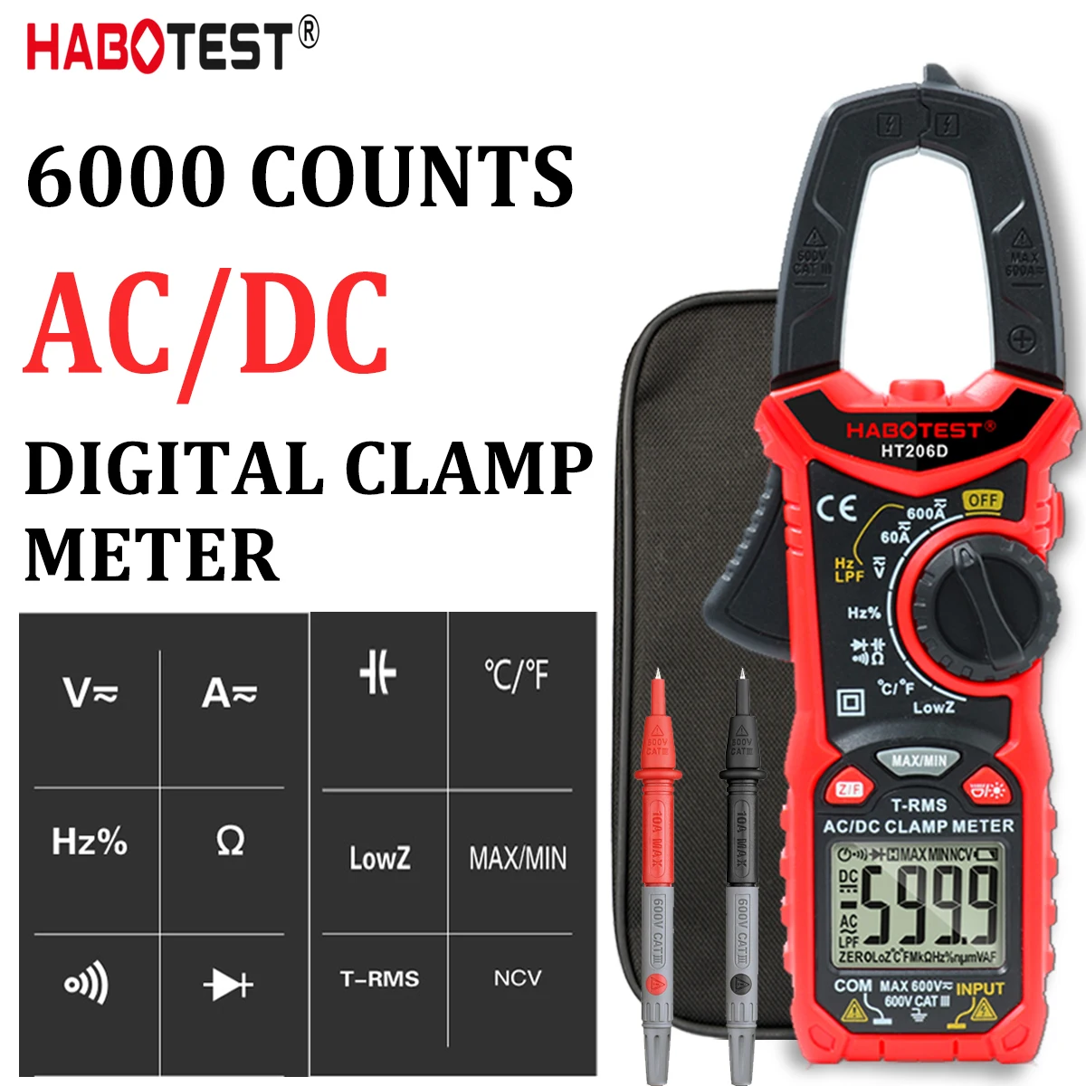 

HABOTEST HT206 AC DC Digital Clamp Meter Multimeter Pinza Amperimetrica True RMS High Precision Capacitance NCV Ohm Hz Tester